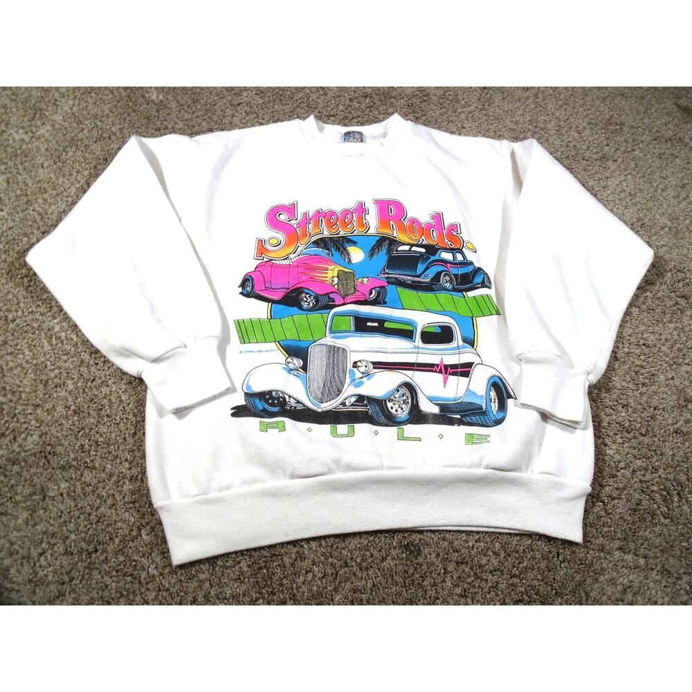 Vintage 90s Street Rods Rule Graphic Sweatshirt Top Half L Made in USA